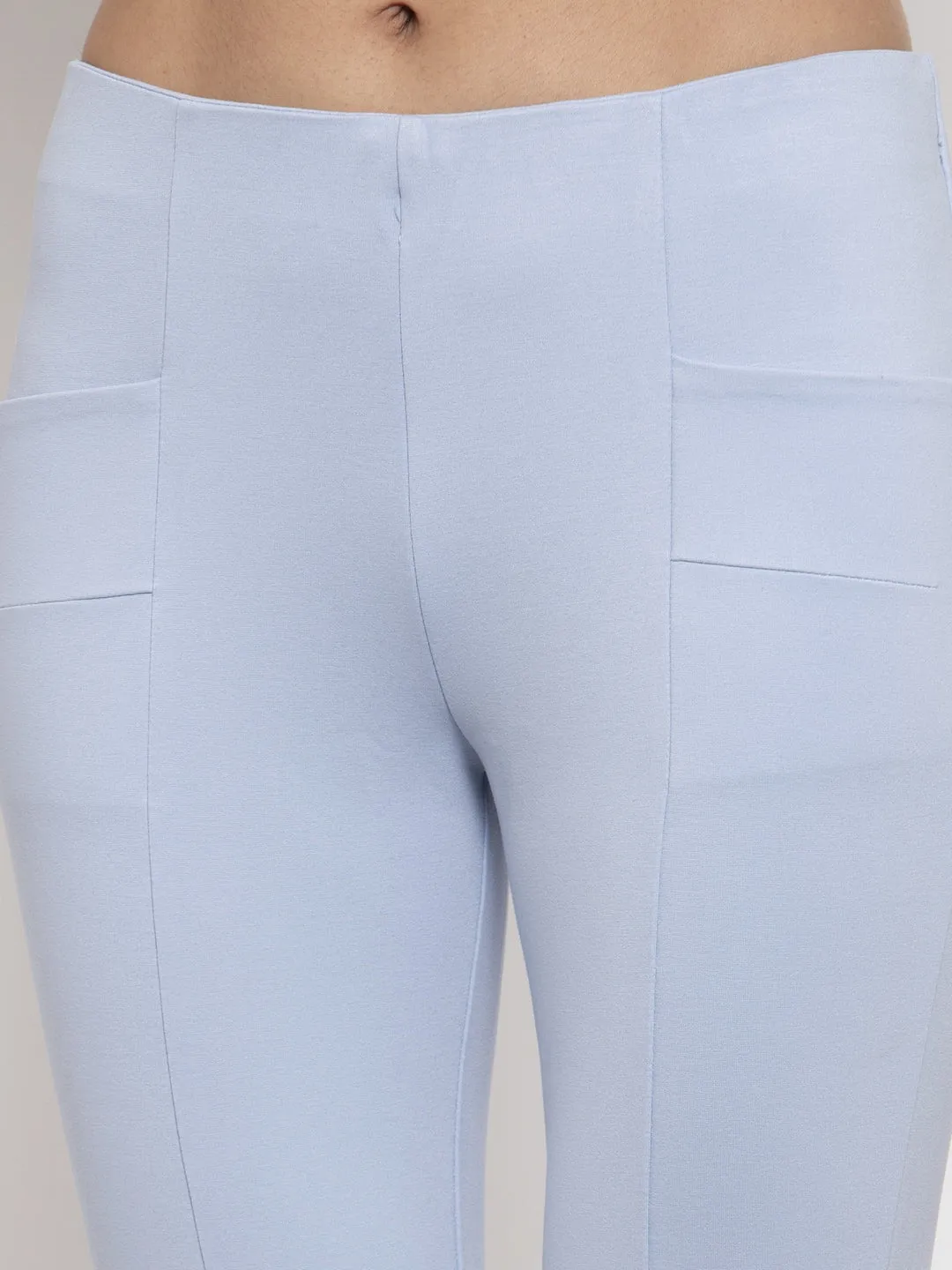 Women Sky Blue Solid Regular Treggings