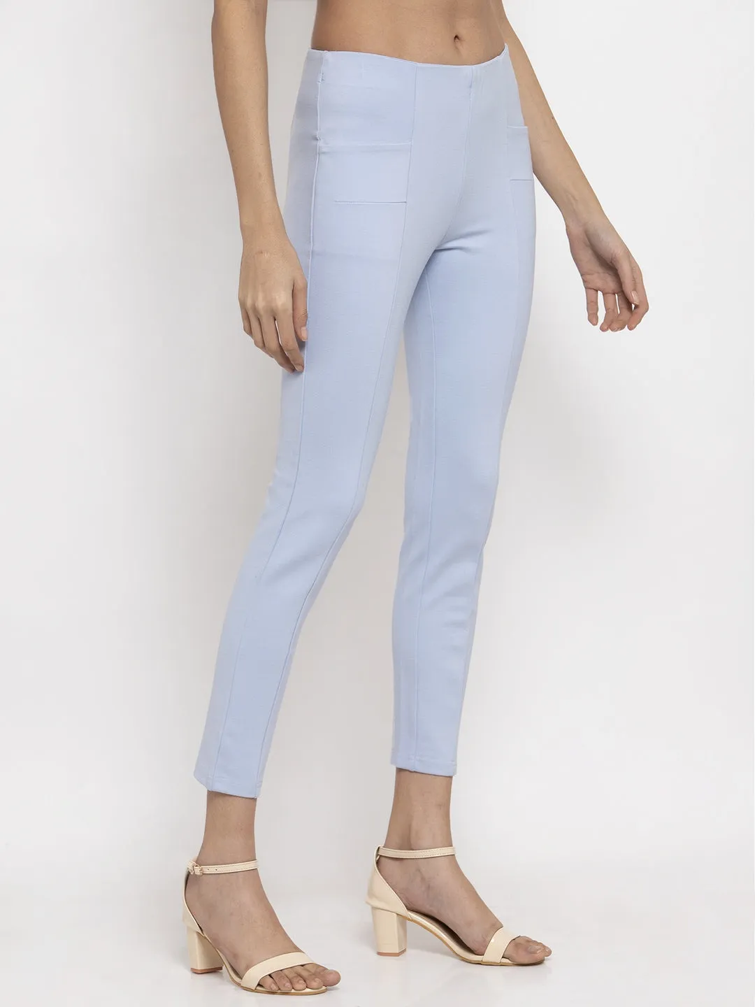 Women Sky Blue Solid Regular Treggings