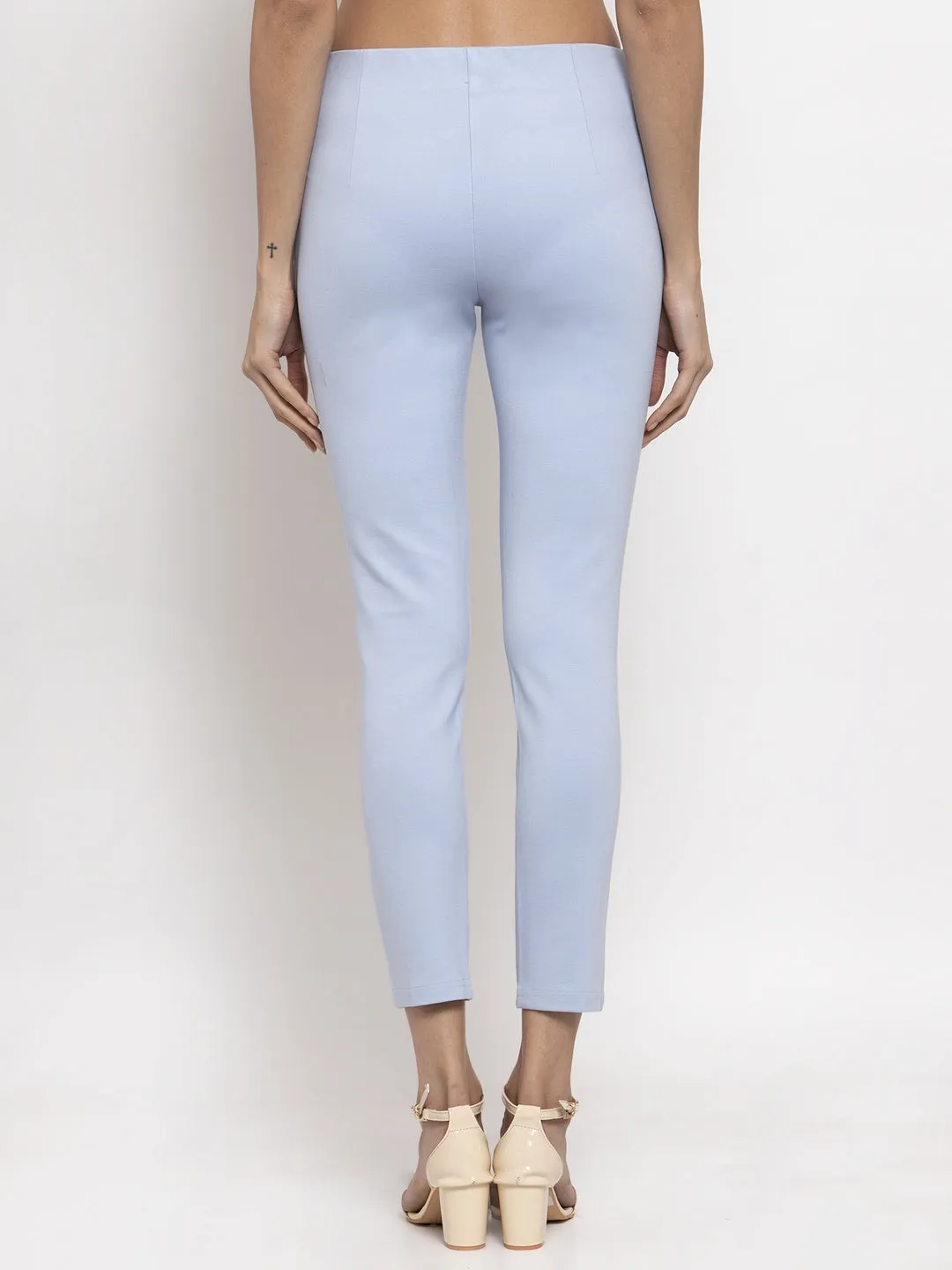 Women Sky Blue Solid Regular Treggings