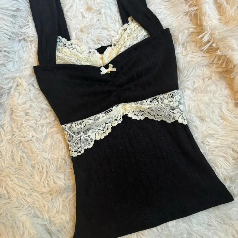 Women Y2K Vintage Lace Trim Cami Top 2000s Aesthetic Slim Fit Milkmaid Vest Cottage Crop Tank Top Coquette Clothes