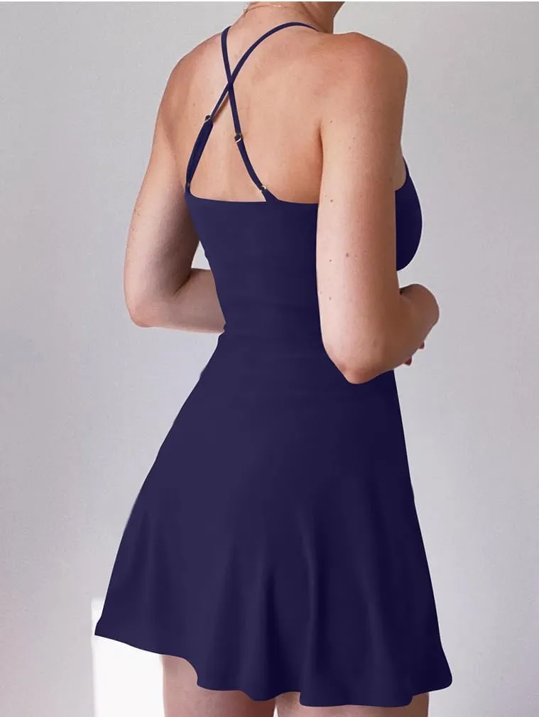 XXTAXN Women's Summer Casual Tennis Workout Spaghetti Strap Backless Mini Dress with Shorts