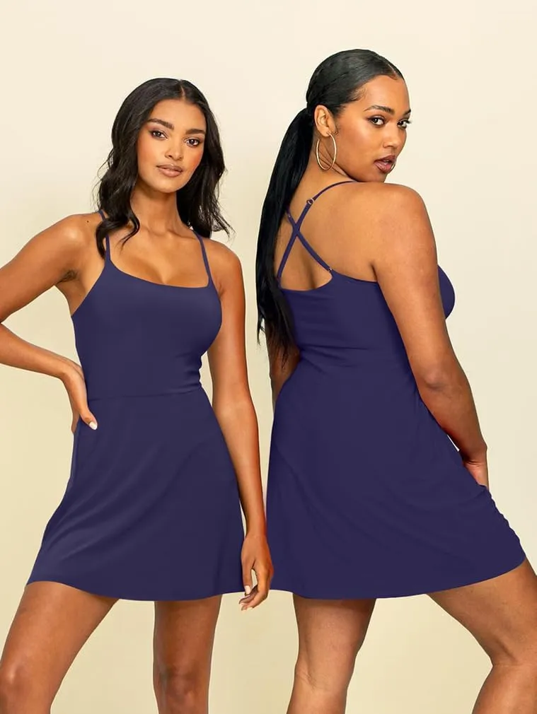 XXTAXN Women's Summer Casual Tennis Workout Spaghetti Strap Backless Mini Dress with Shorts